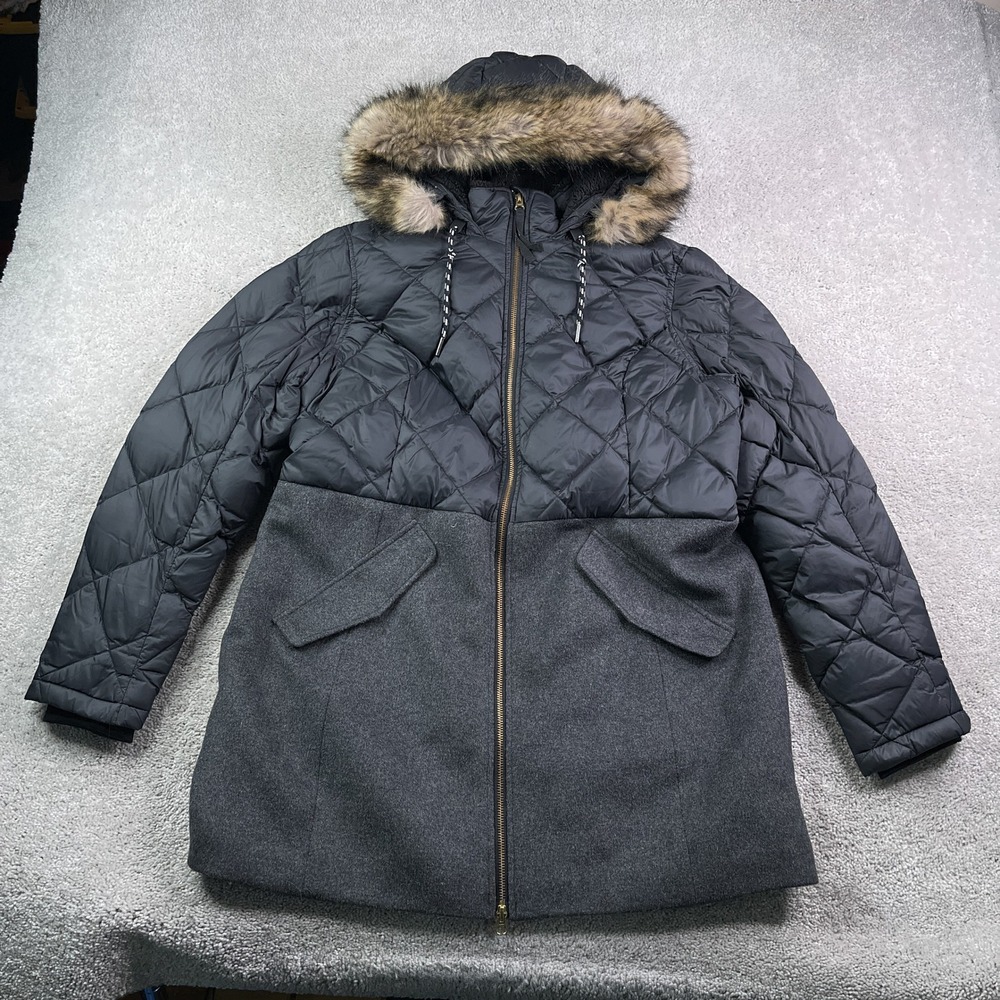 Eddie Bauer Jacket Womens XL Black Gray Lanely Hybrid Down Parka Quilted Coat